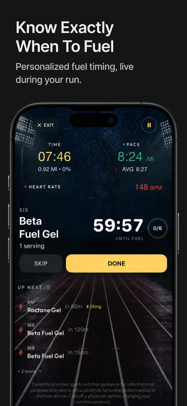 Fuelstate App Store screenshot showing the live fueling countdown screen.