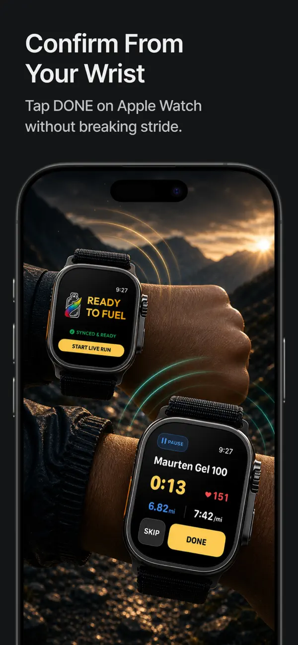 Fuelstate App Store screenshot showing Apple Watch fueling controls.