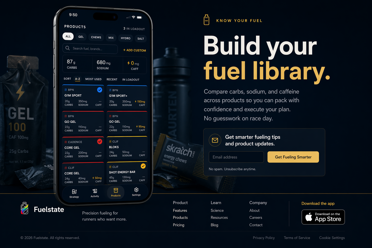 Fuelstate product library section with an email signup card.