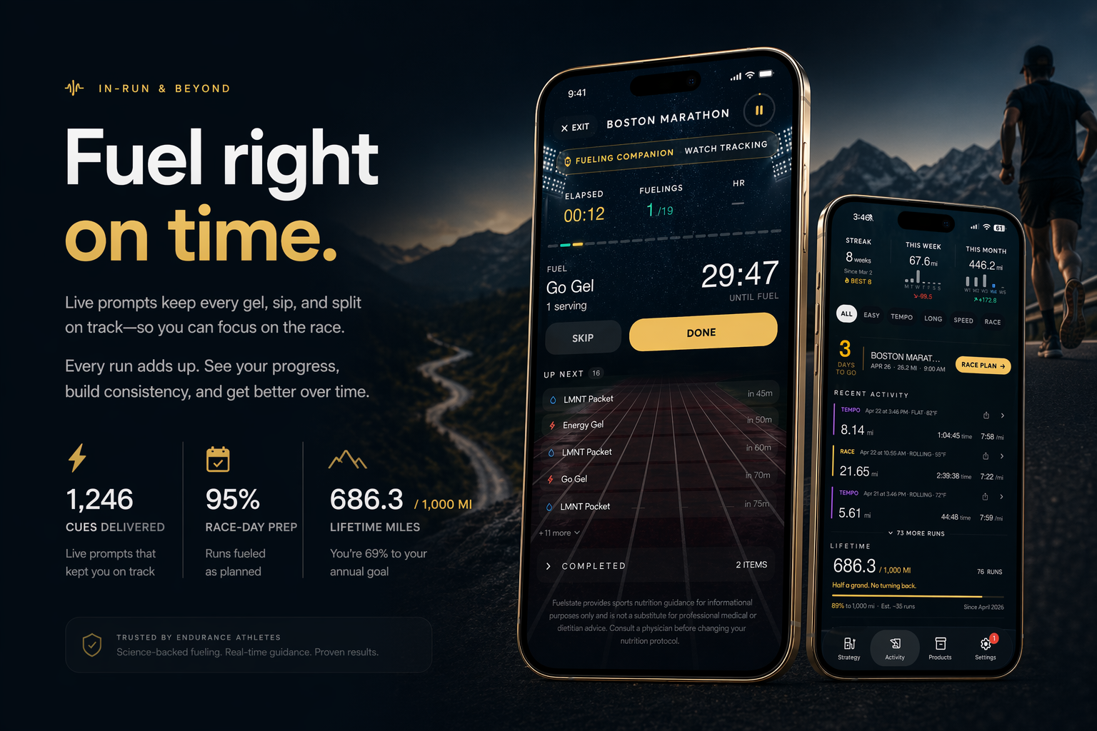 Fuelstate live fueling section with real-time prompts and training progress.