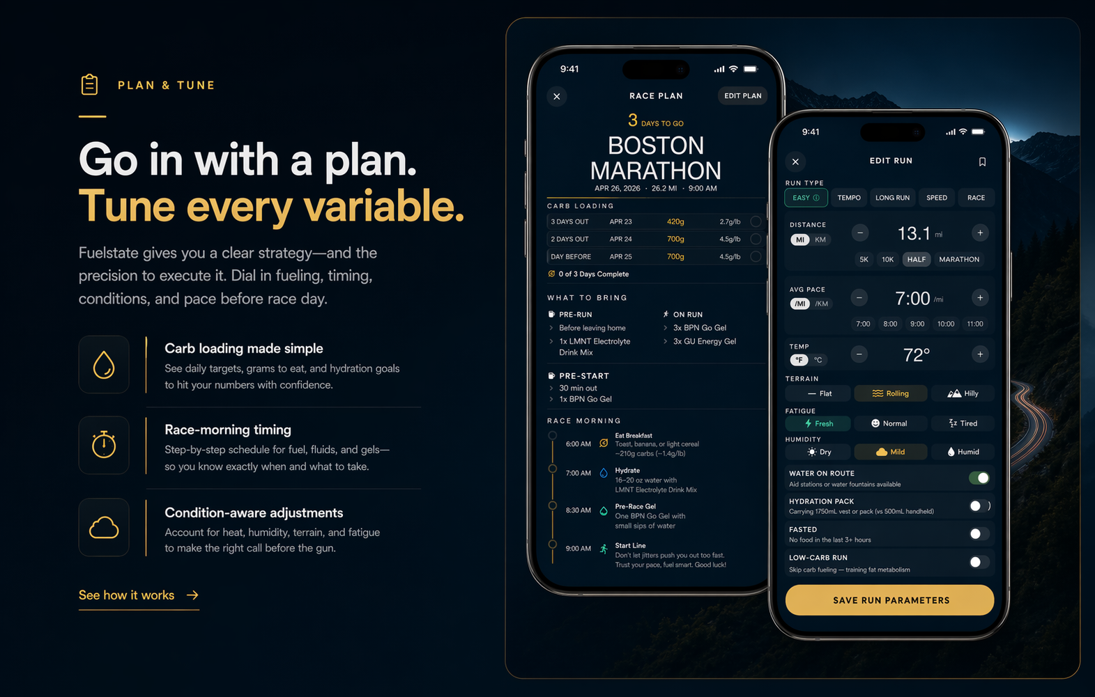 Fuelstate planning section with race plan and edit run mockups.